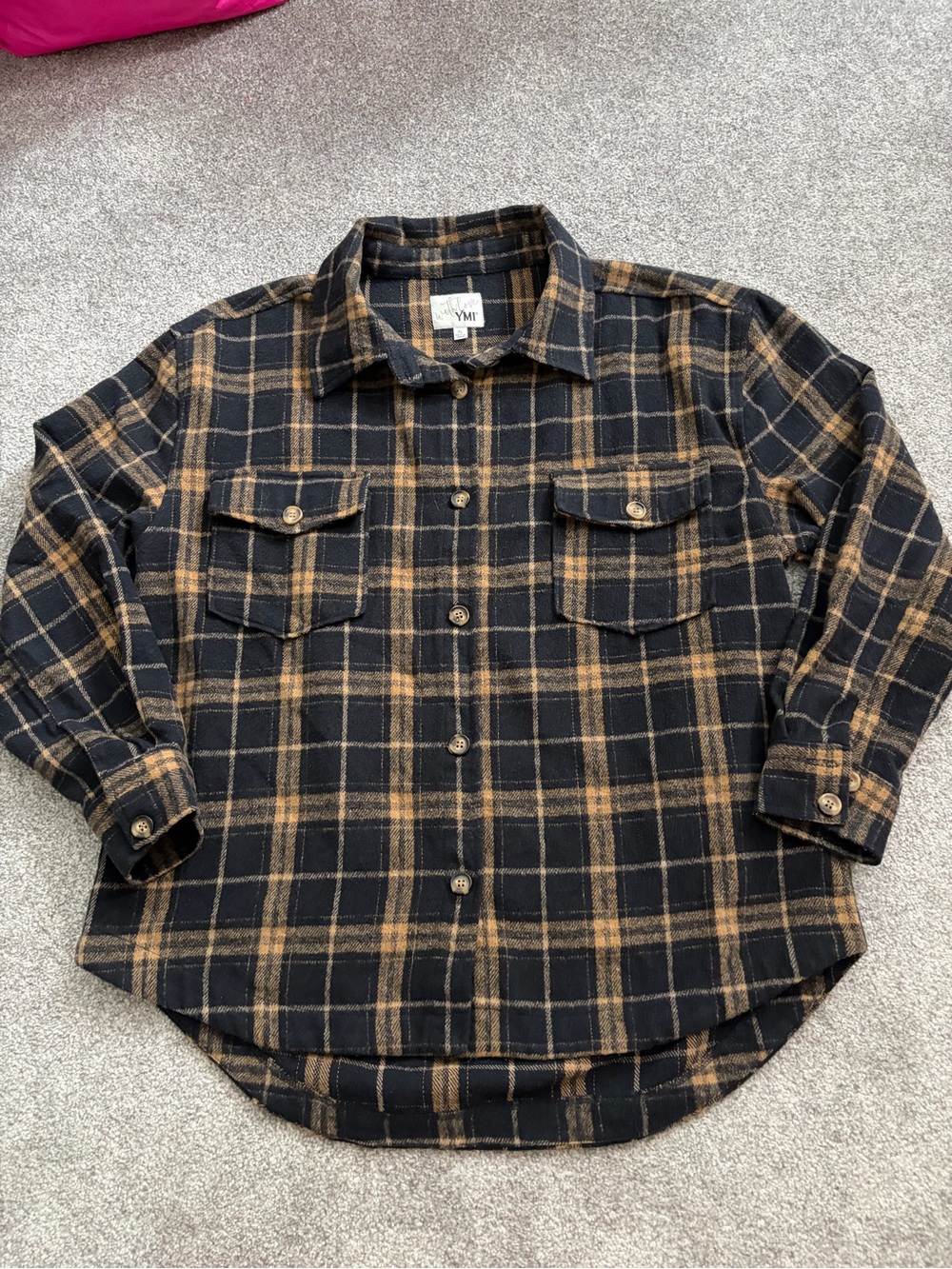 YMI Black and Tan Plaid Button-Up Shirt Jacket